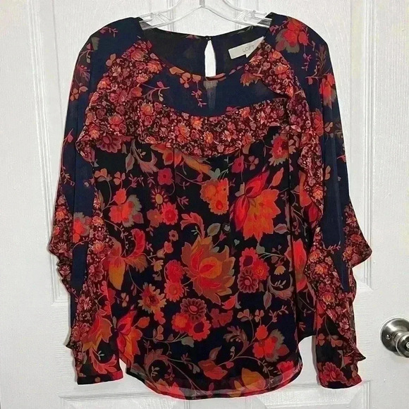 NWT LOFT Romantic Ruffle Trim Black Red and Orange Floral Top | size small - Picture 1 of 9